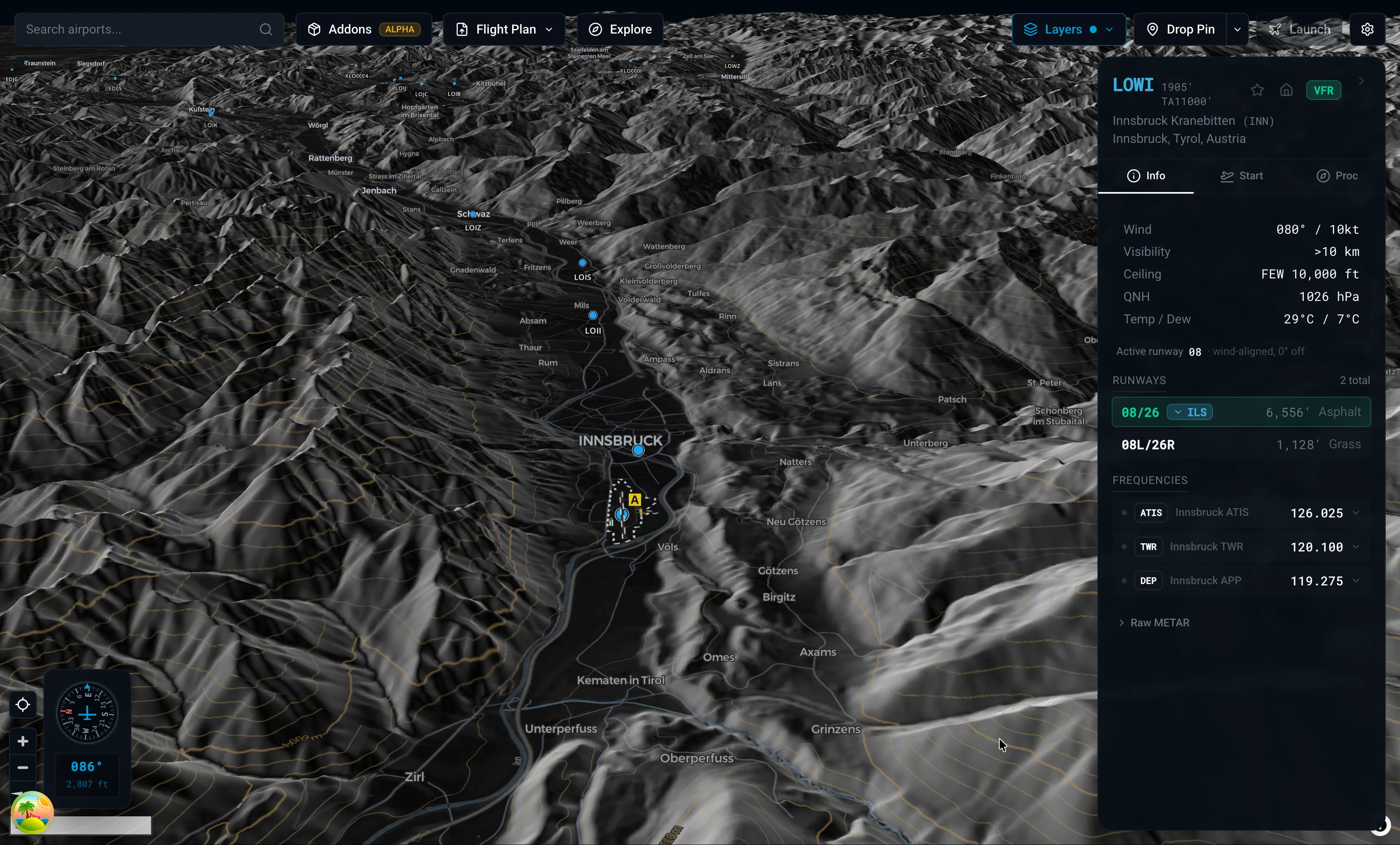 X-Dispatch map with terrain, airport markers, and 3D terrain shading.
