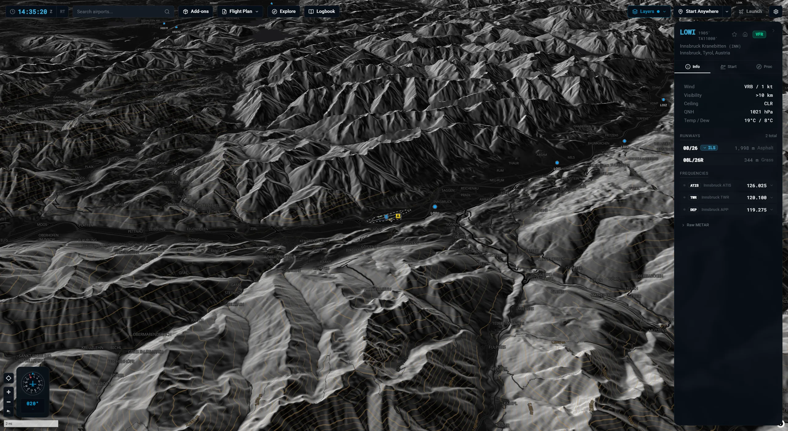 The X-Dispatch dark map with 3D terrain around an alpine airport.