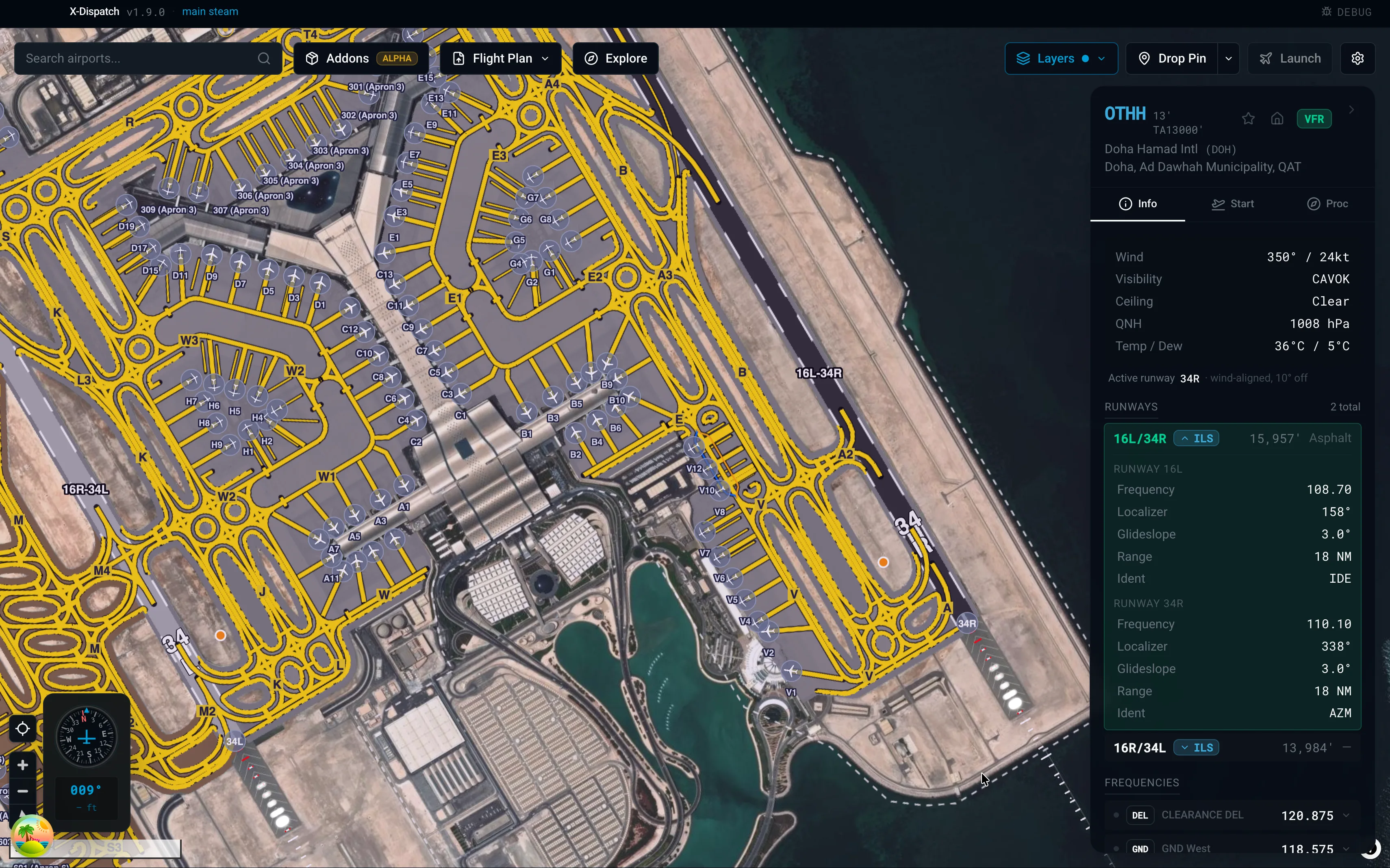X-Dispatch airport detail view with runways, taxiways, gates, and airport information.