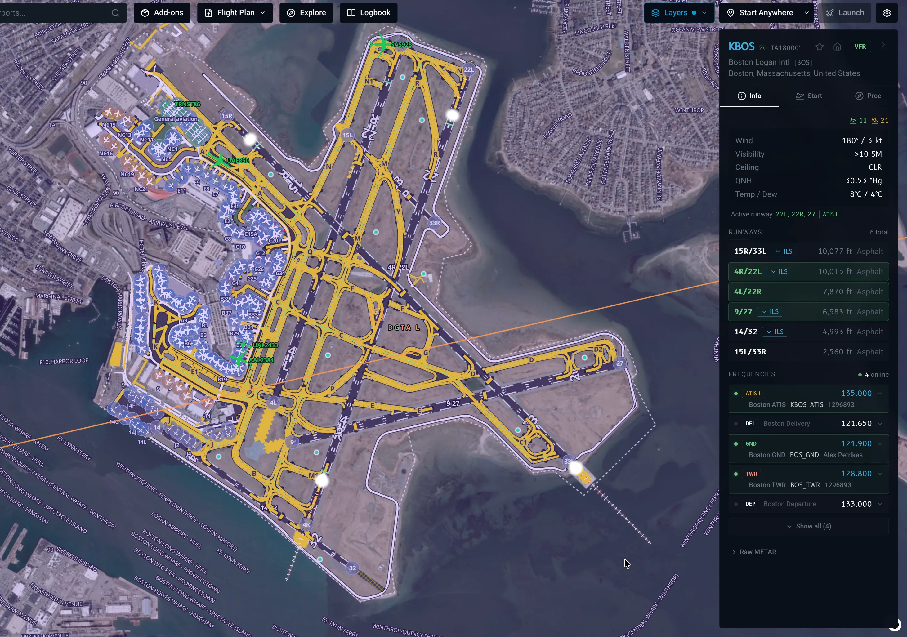 Boston Logan in X-Dispatch with online VATSIM controllers listed in the frequencies and pilots on the ground.