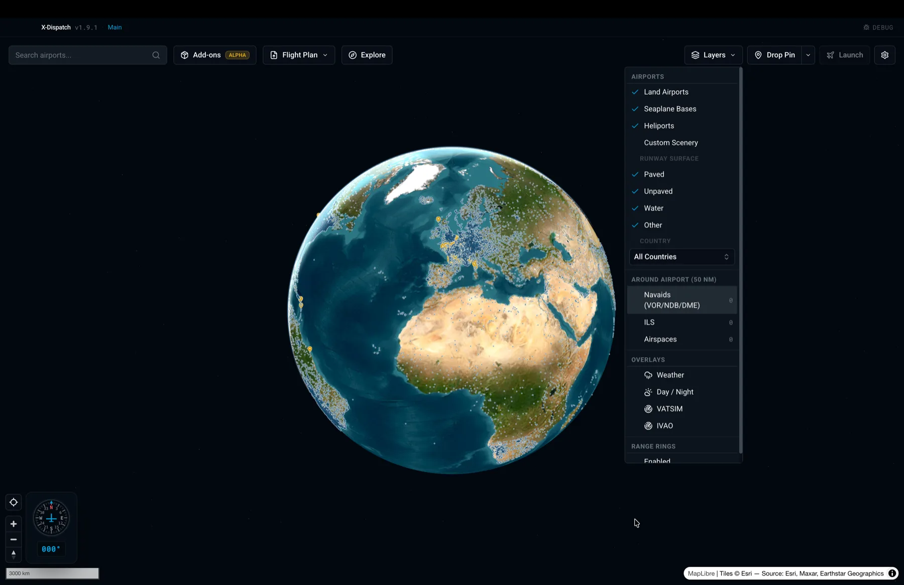 X-Dispatch layer and filter panel with map overlay controls.