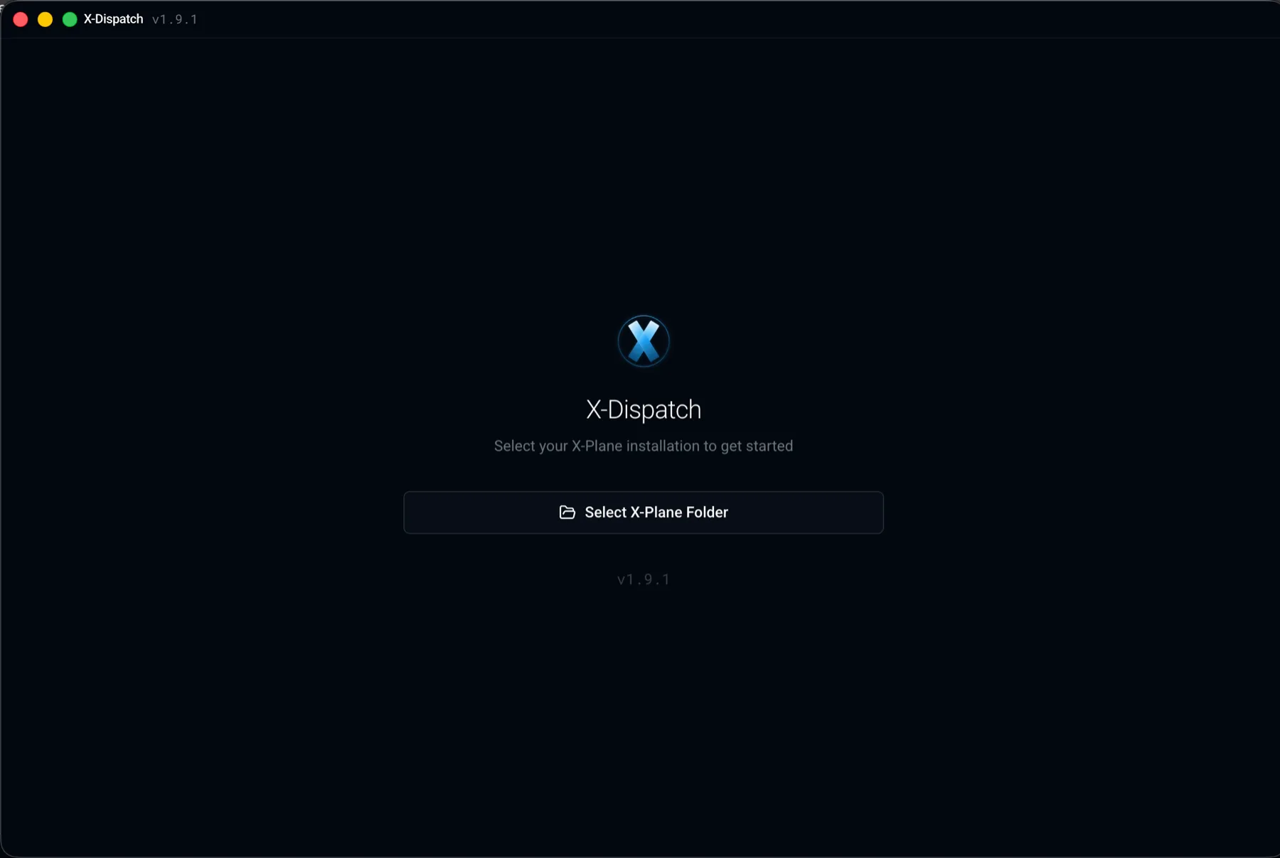 X-Dispatch first start screen for choosing the X-Plane install folder.