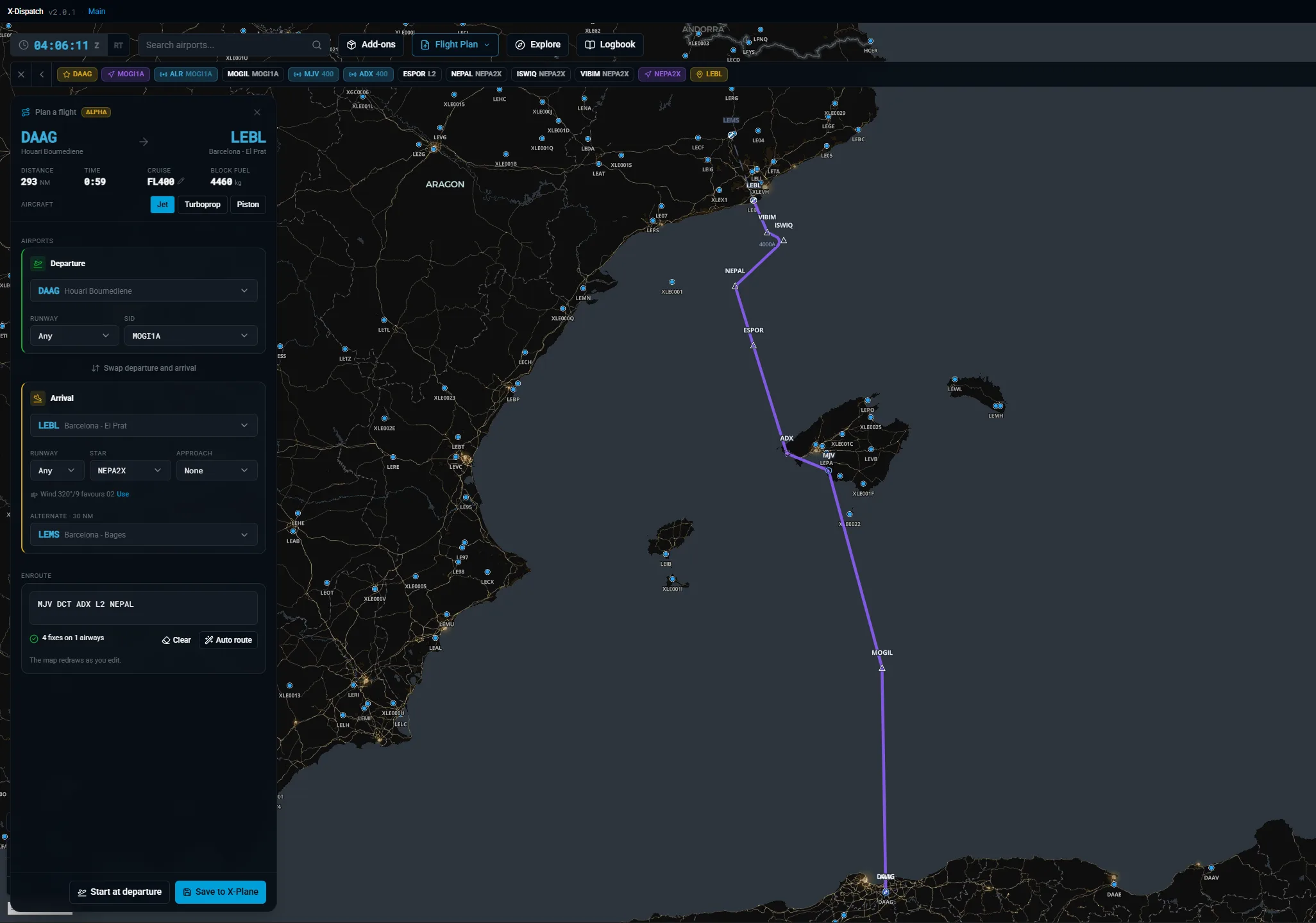 Flight plan panel with departure, arrival, enroute airways, Auto route and Save to X-Plane.