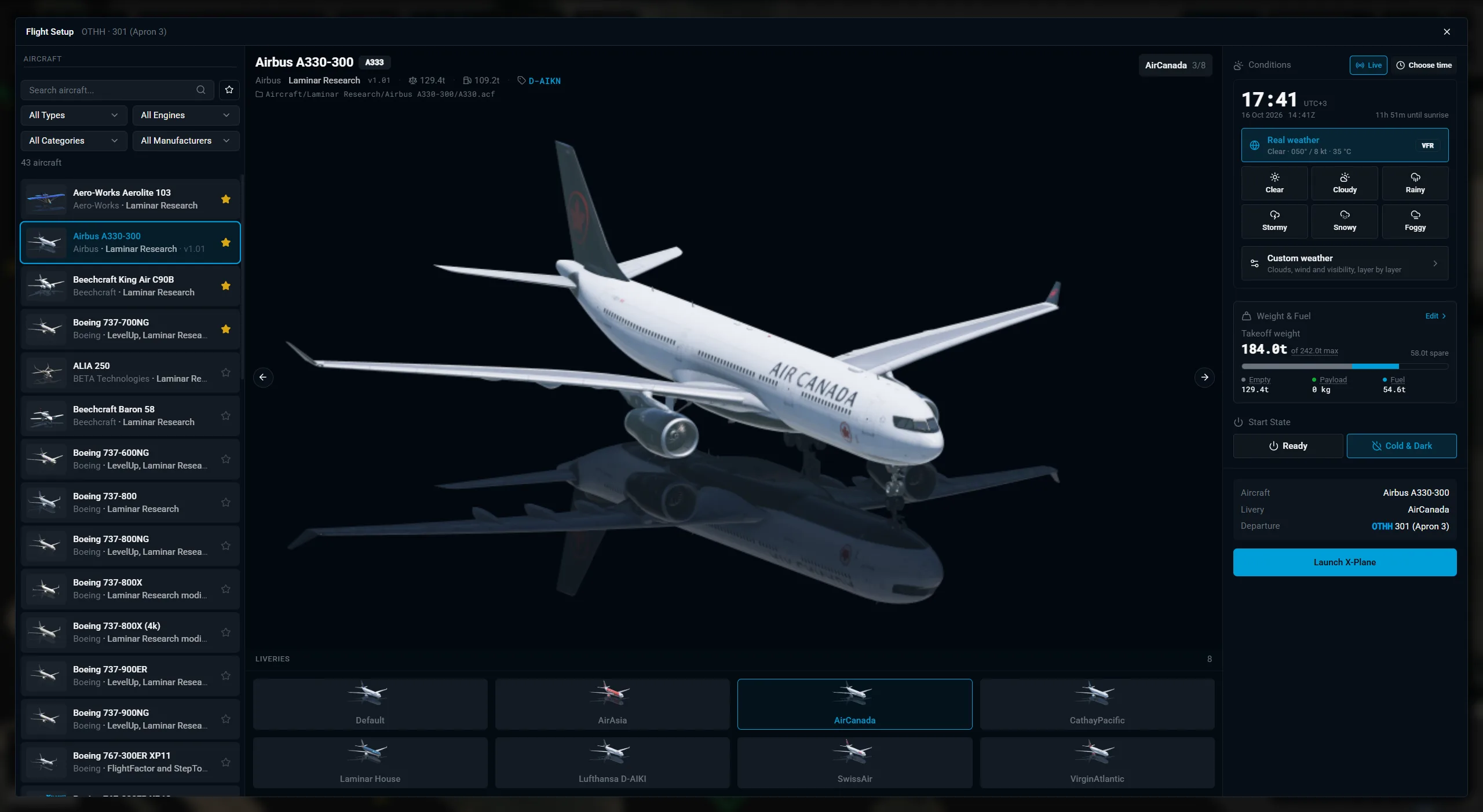 The X-Dispatch flight setup dialog with the aircraft list, a livery preview, the conditions card and the launch button.