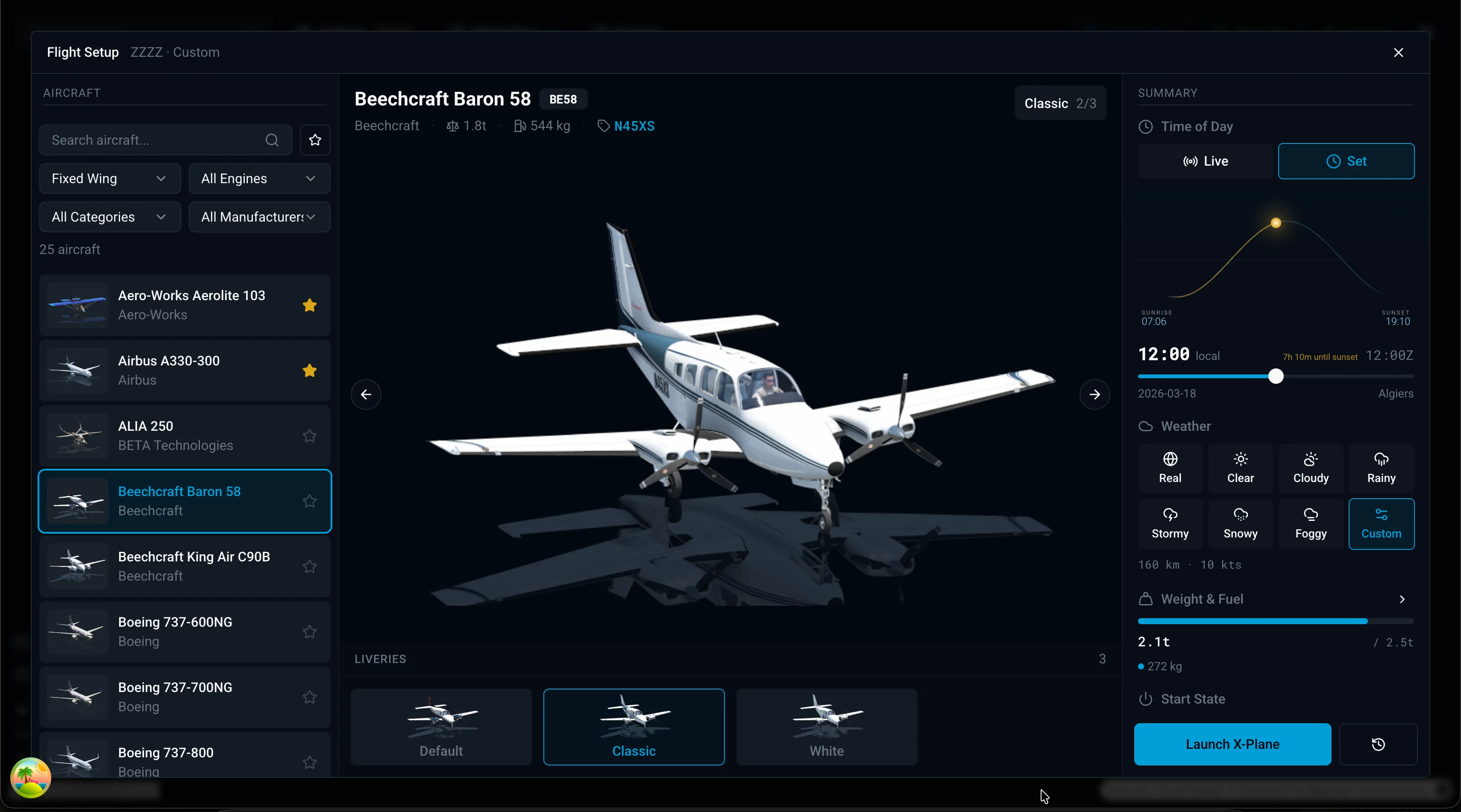 X-Dispatch flight setup panel with aircraft, livery, fuel, weather, and launch controls.