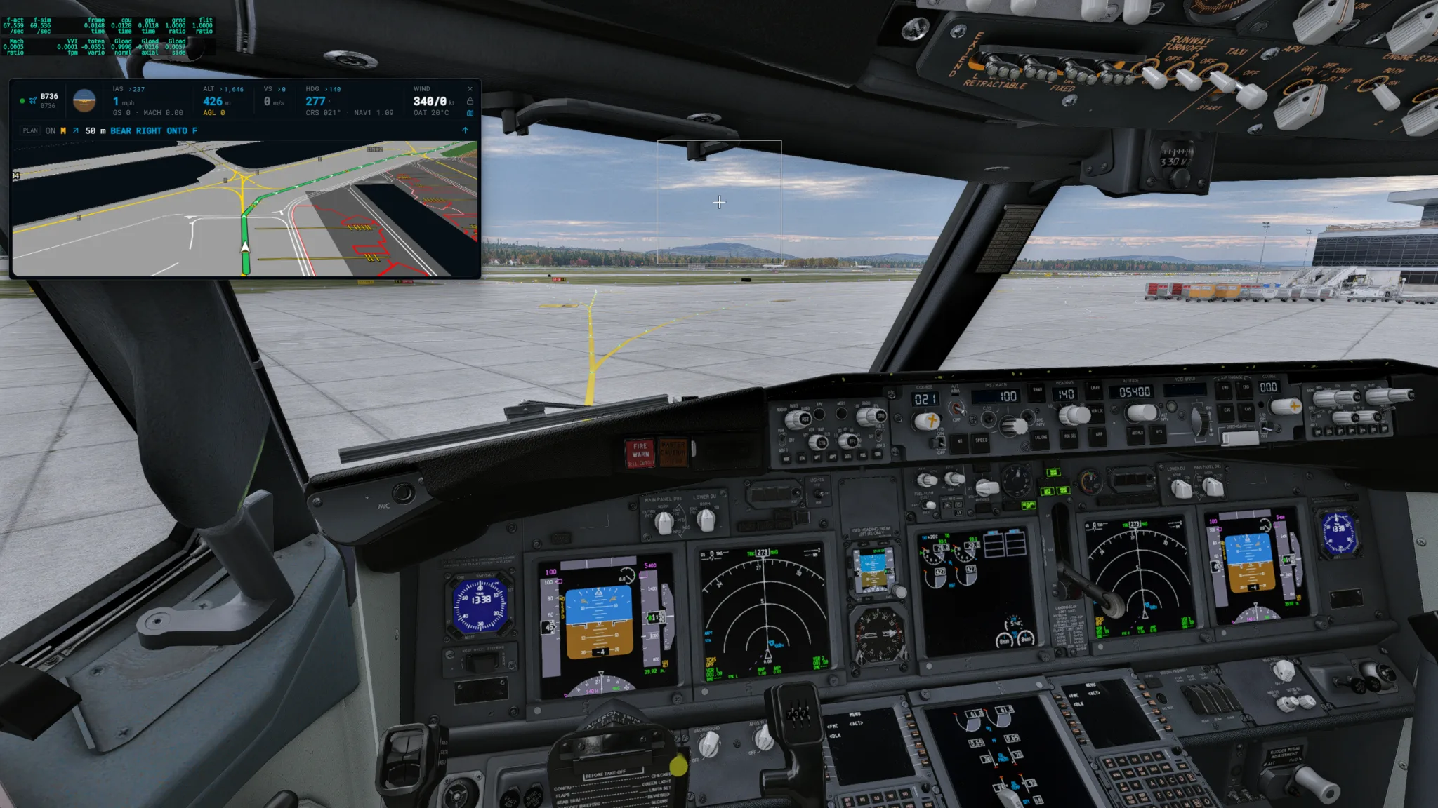 The X-Dispatch Flight Strip window floating over the X-Plane 12 cockpit, showing taxi guidance and the taxi map.