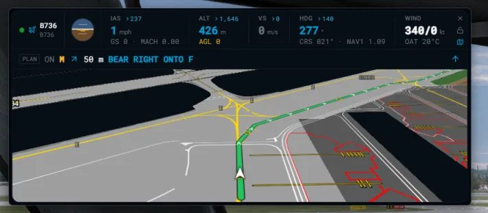 The X-Dispatch Flight Strip with speed, altitude, vertical speed, heading, wind, a taxi instruction and the taxi map.