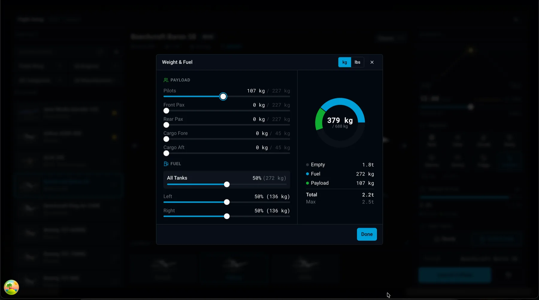 Detailed fuel and weight dialog in X-Dispatch with tank sliders.