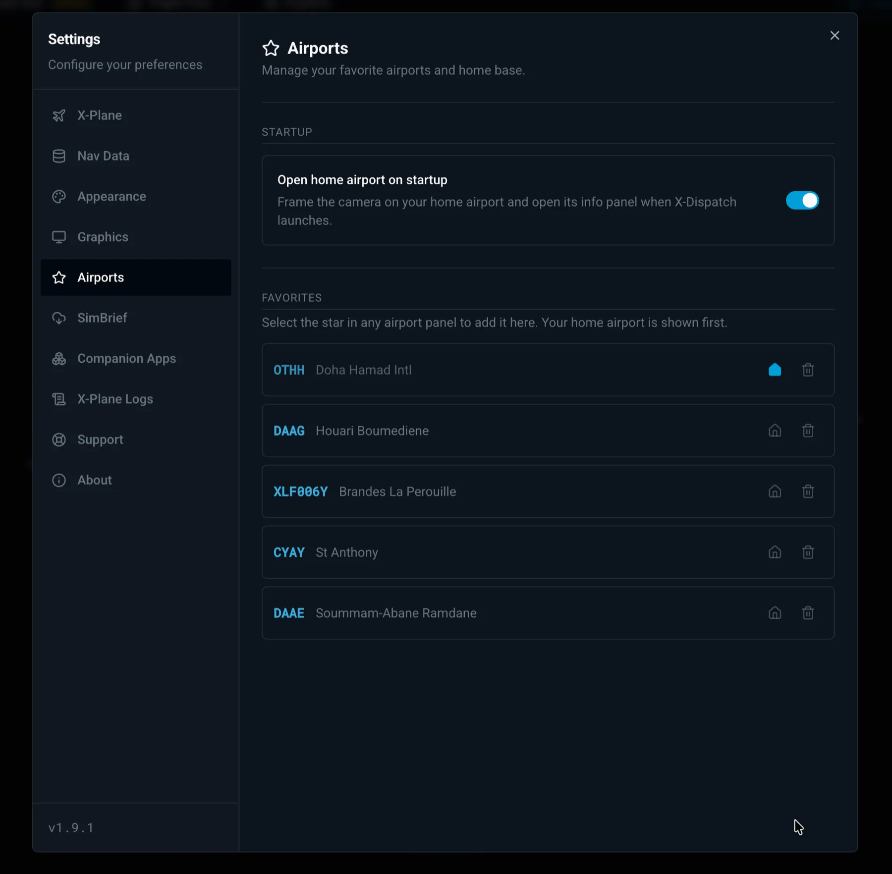 X-Dispatch home airport and favorite airport controls with star and home icons.