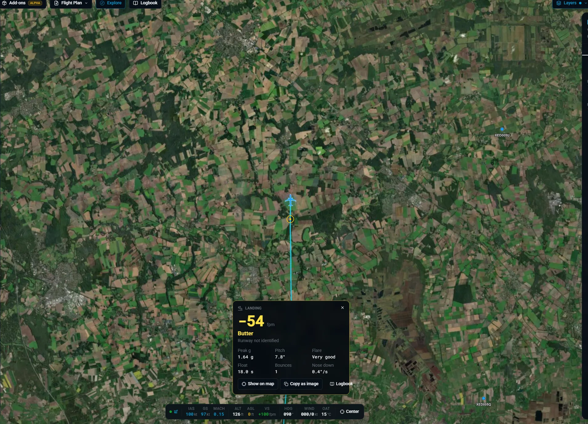 The X-Dispatch map after landing with the flight trail, the aircraft symbol, the landing report card and the Flight Strip.