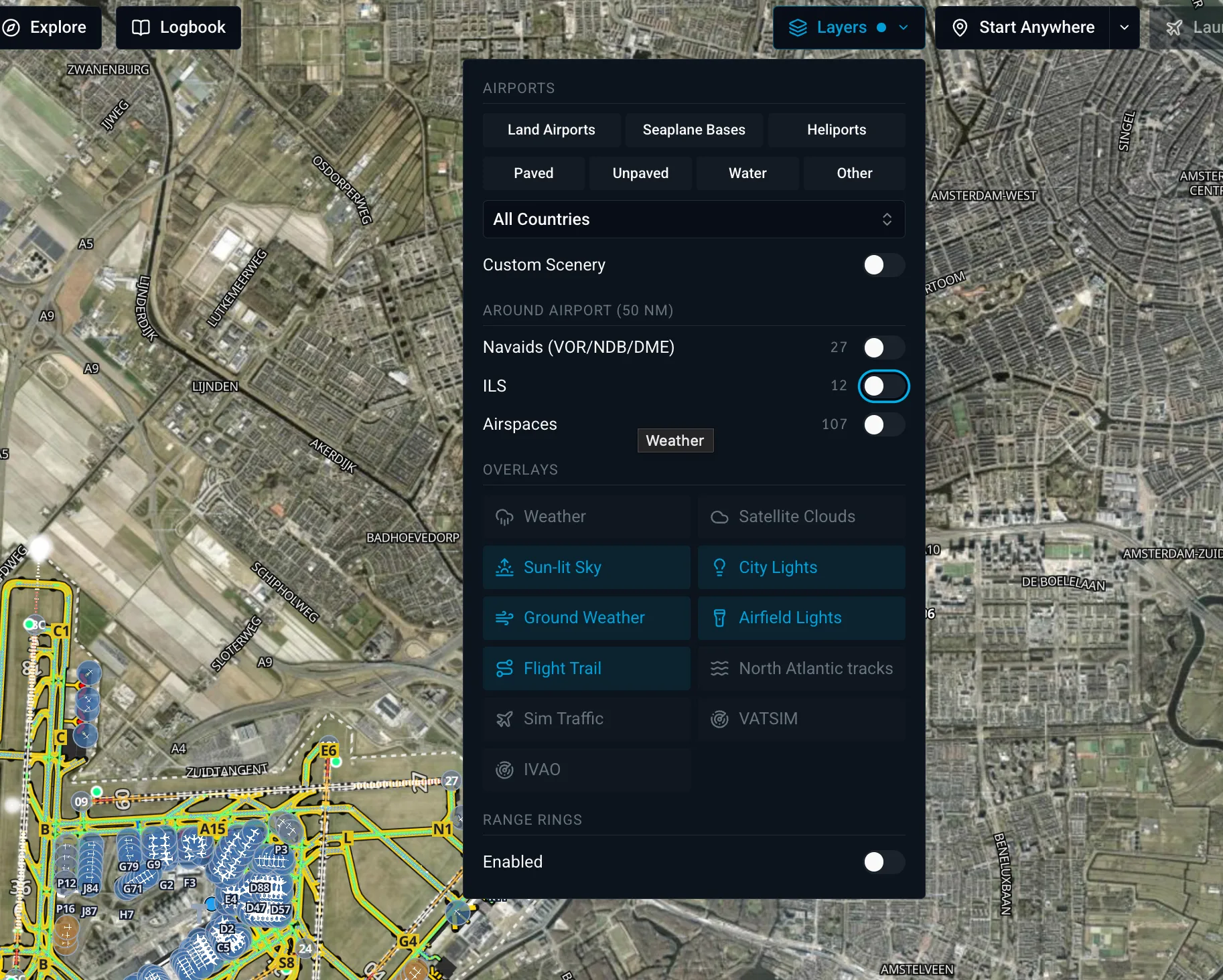 The X-Dispatch Layers panel with airport chips, navaid switches, overlay tiles and range rings.