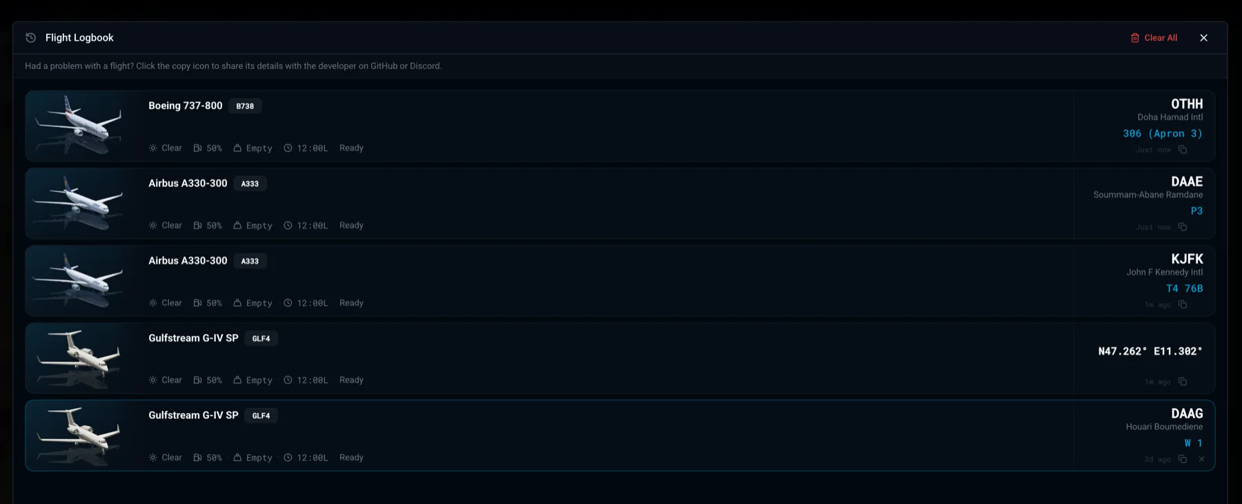 X-Dispatch logbook with saved flights and start controls.