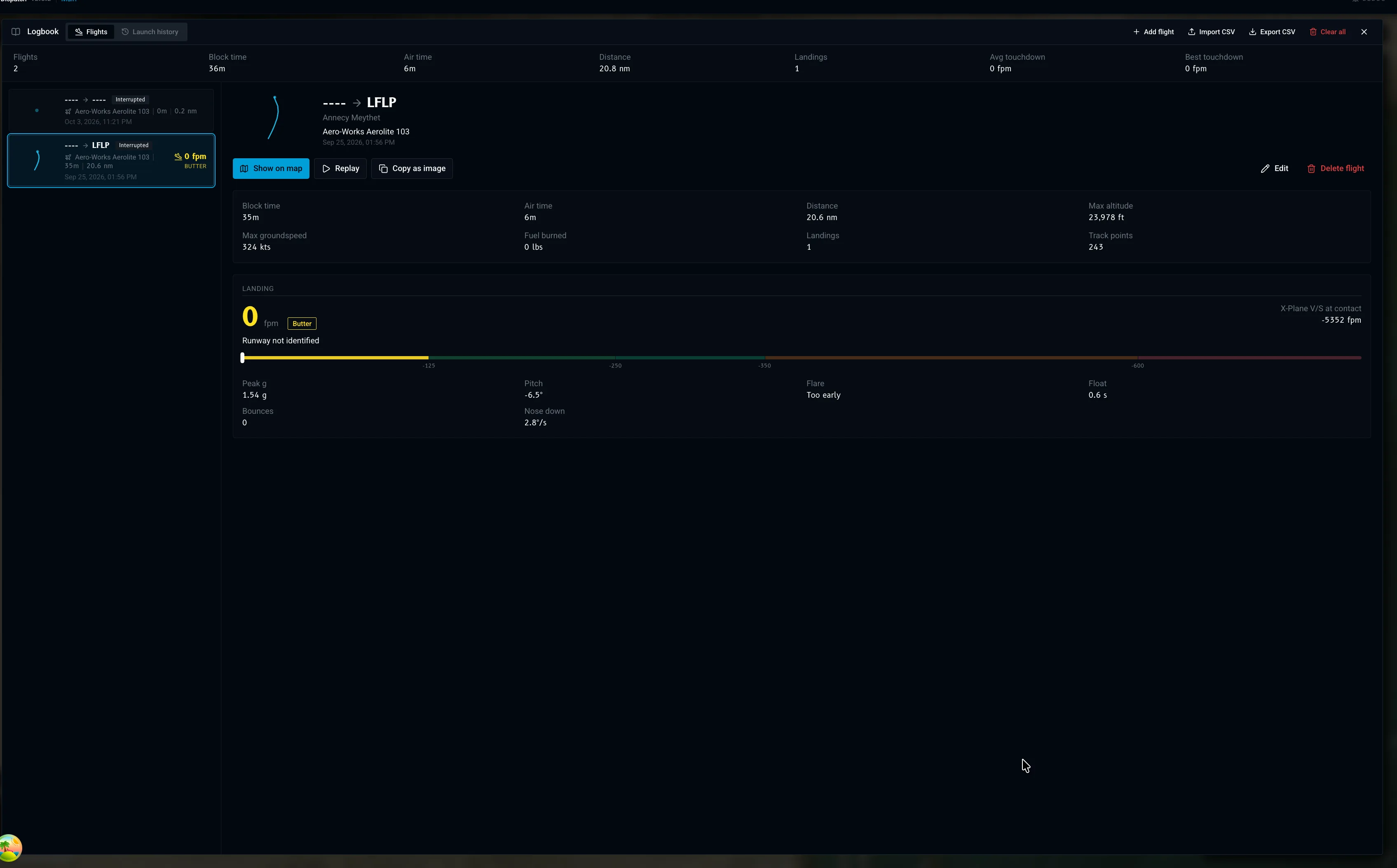 The X-Dispatch logbook with totals at the top, a flight selected, and its landing report.