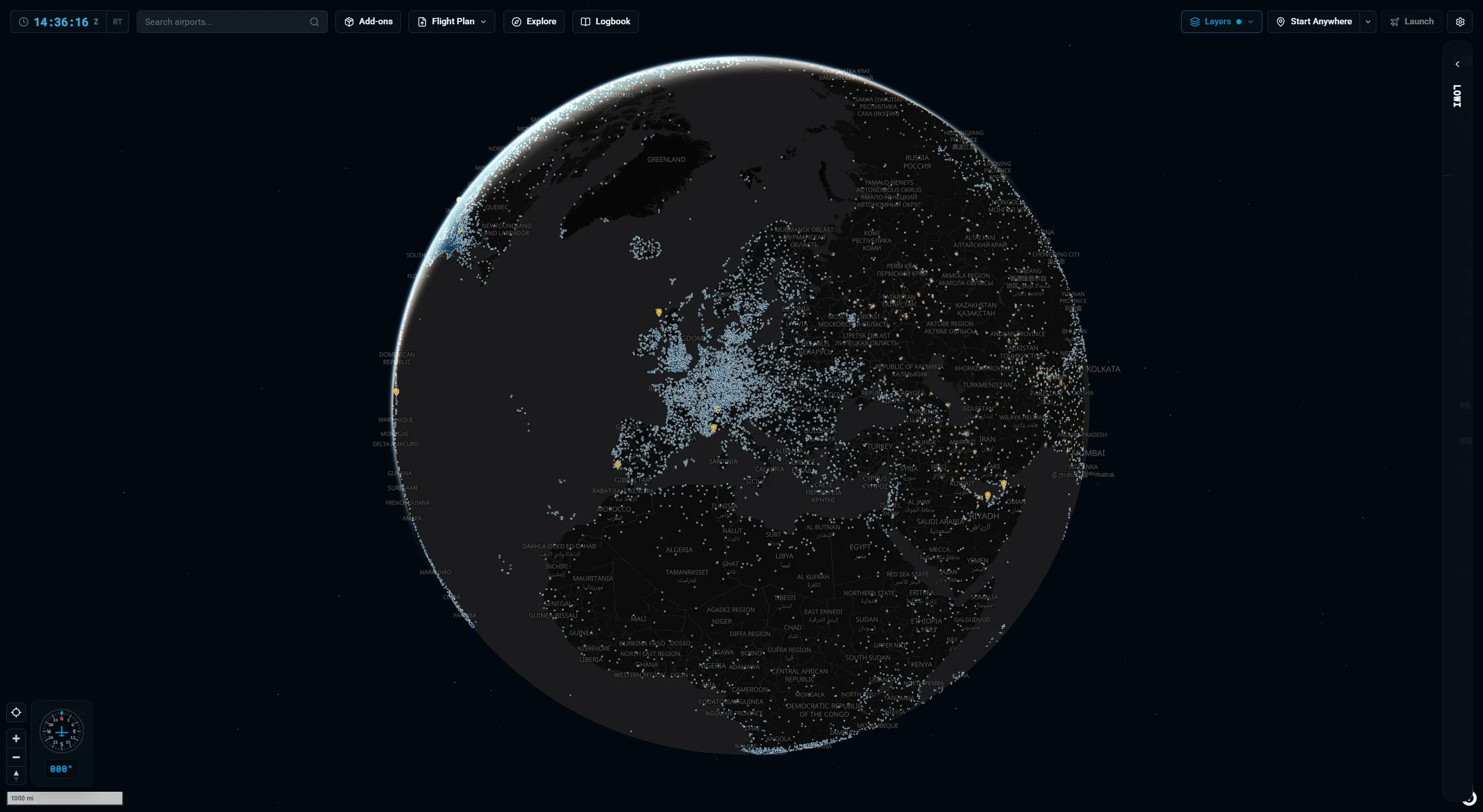 X-Dispatch world map with airport markers and the dispatch toolbar.