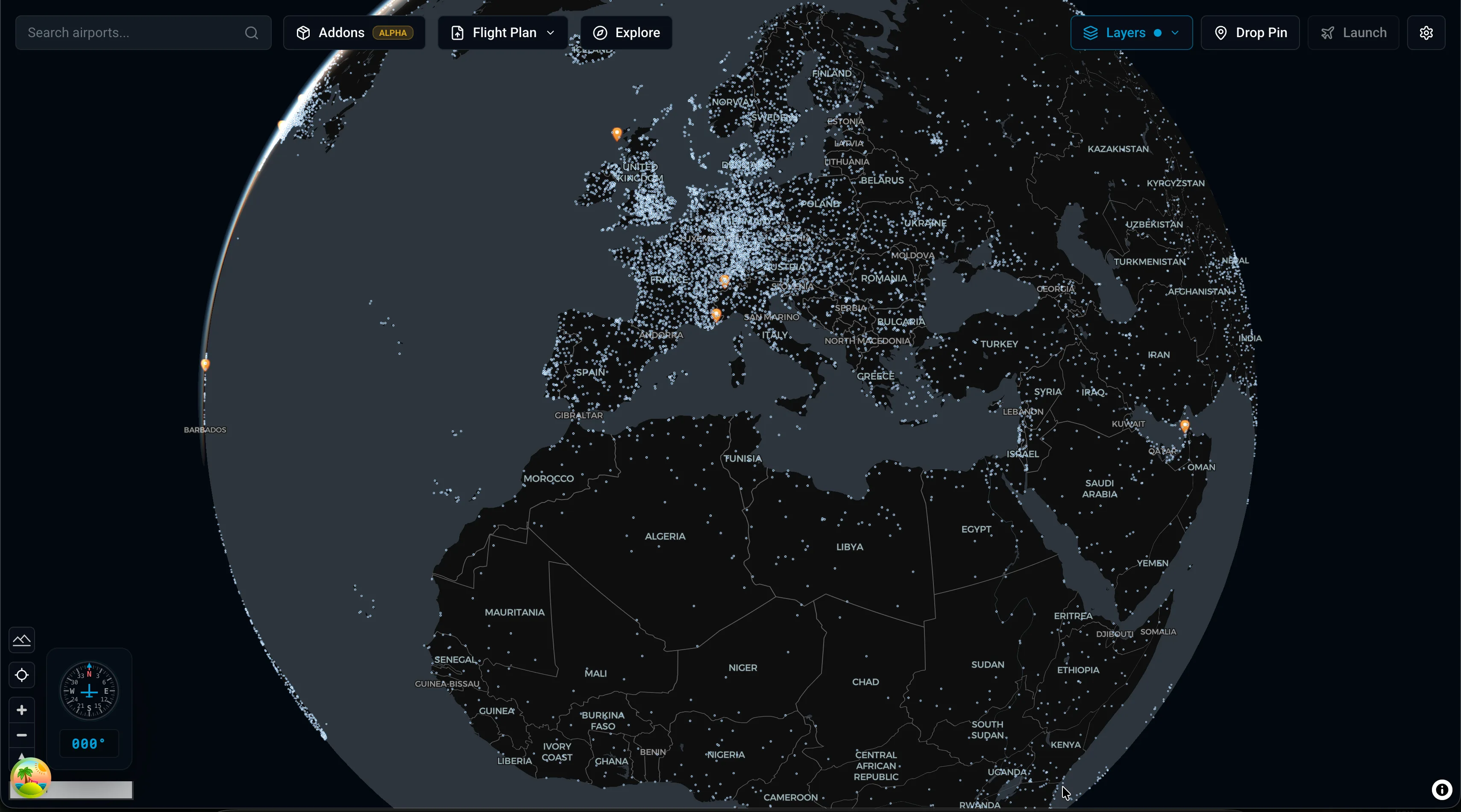 X-Dispatch world map with airport markers and flight dispatch controls.