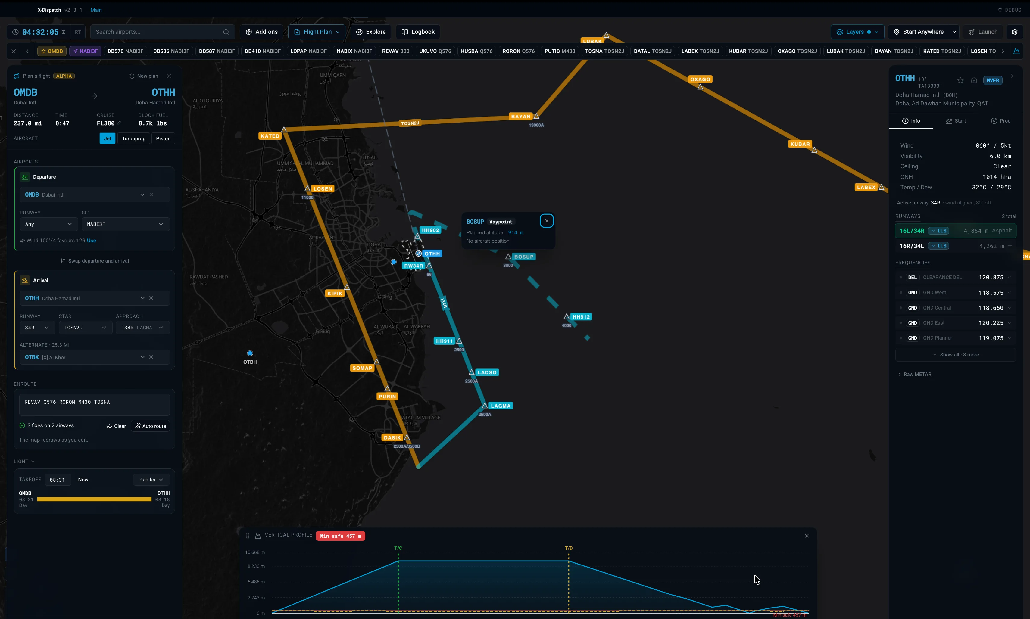 STAR and ILS approach into Doha drawn on the map, with a waypoint showing its planned altitude.