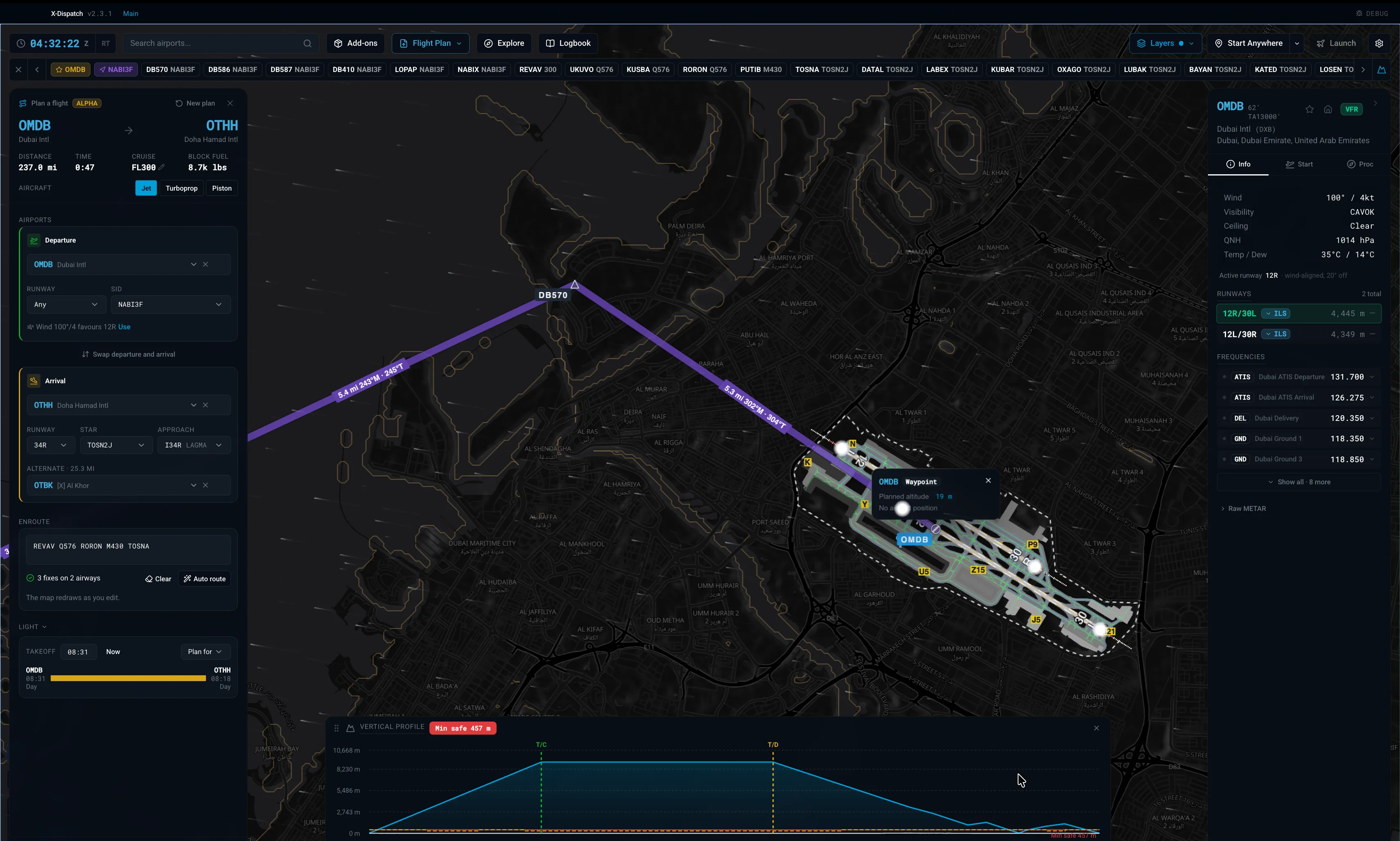 Departure from Dubai over the airport diagram, with leg distances, headings and the vertical profile.