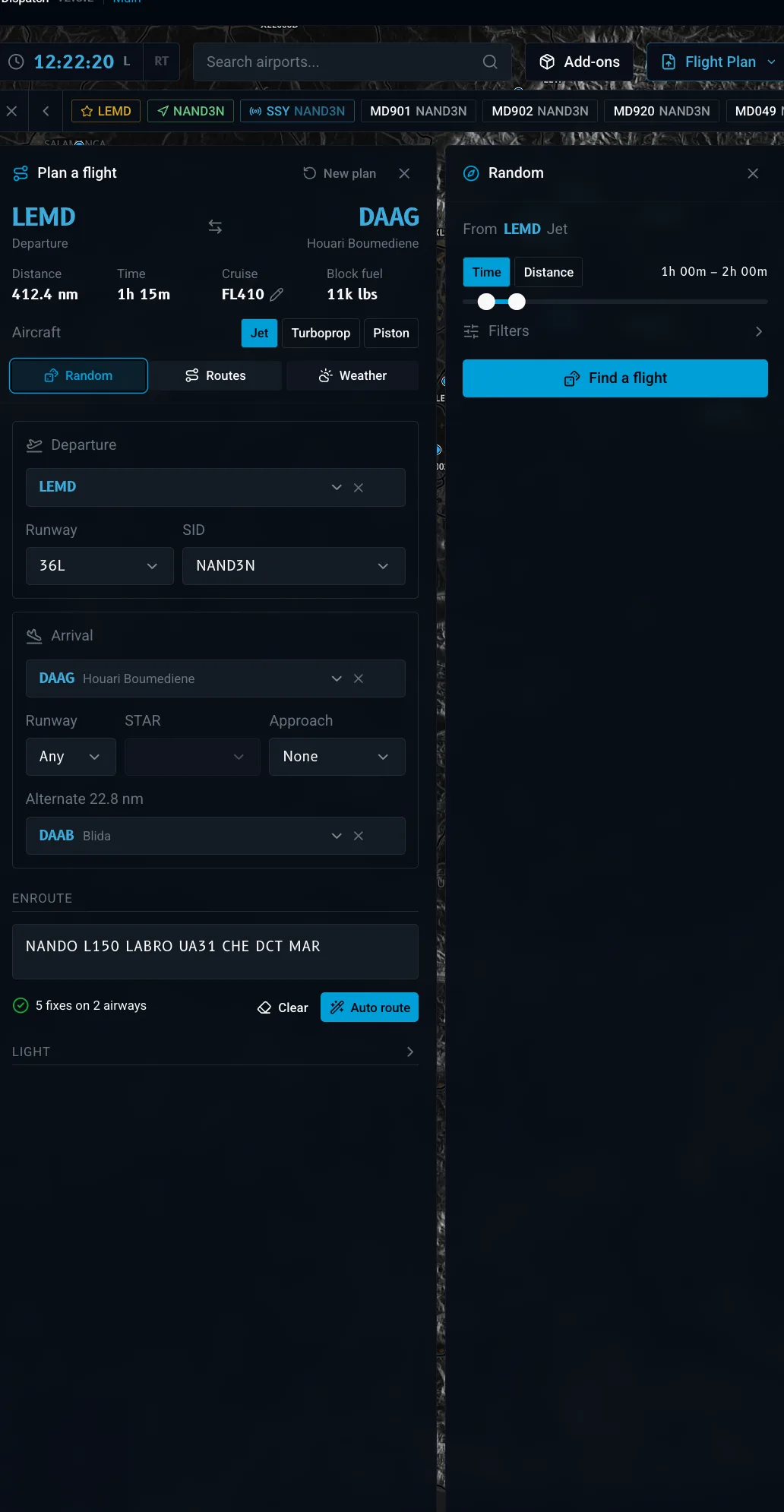 The Random destination panel in the X-Dispatch planner with a time range slider and filters.