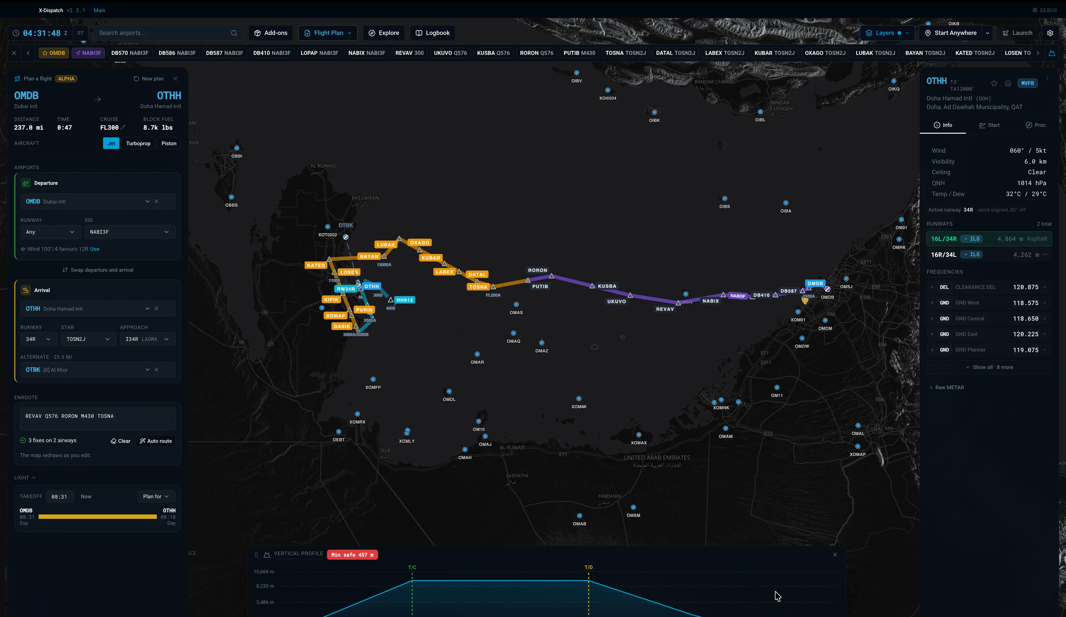 X-Dispatch flight planner showing a route from Dubai to Doha with SID, STAR, approach and vertical profile.