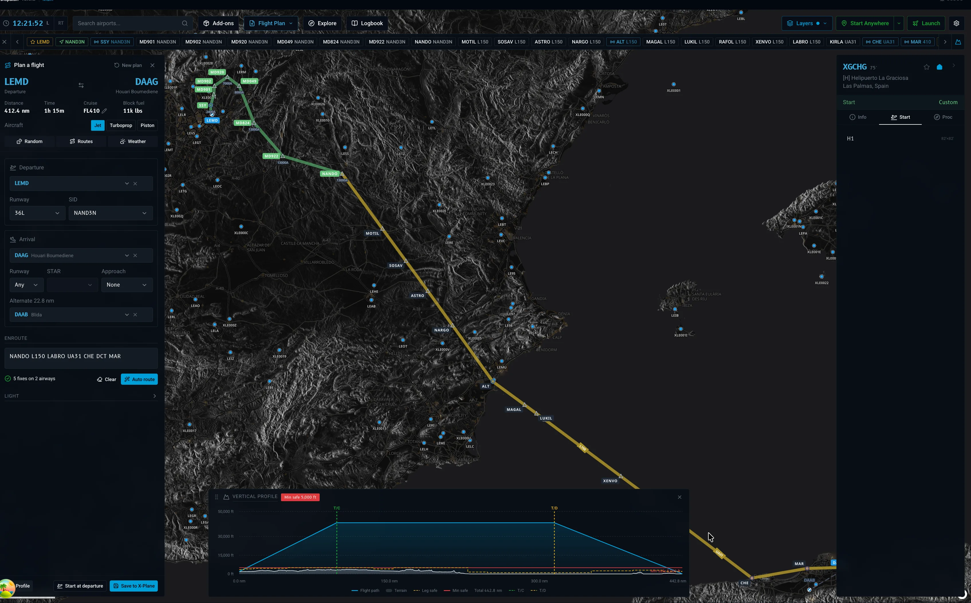 The vertical profile strip under the X-Dispatch map showing climb, cruise, descent and terrain.