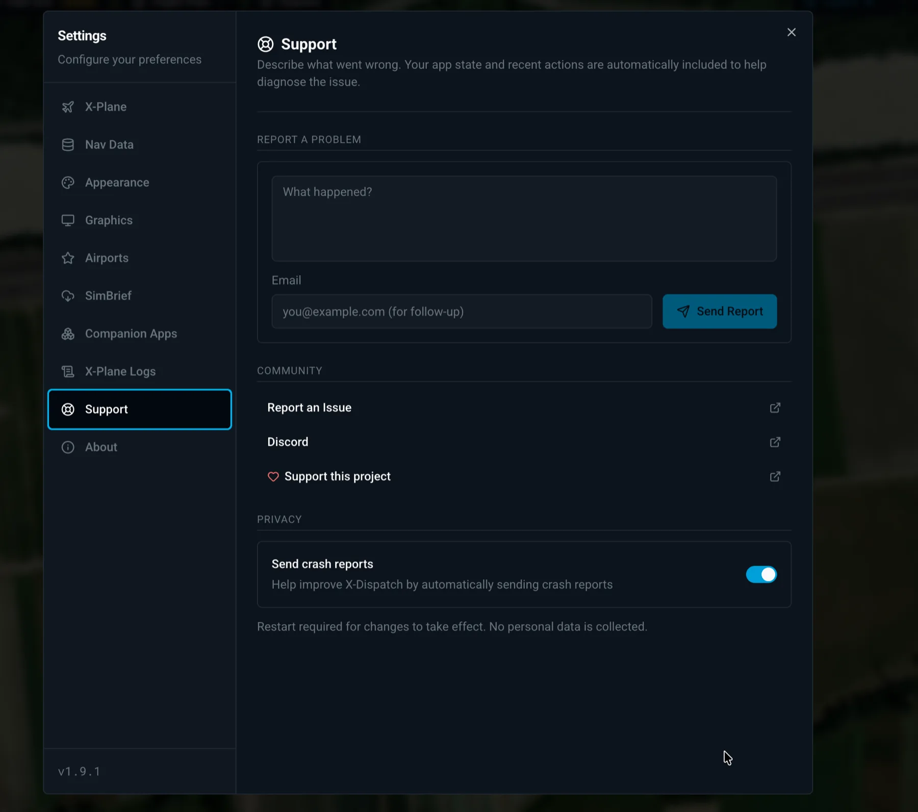 X-Dispatch report issue screen for sending support details from the app.