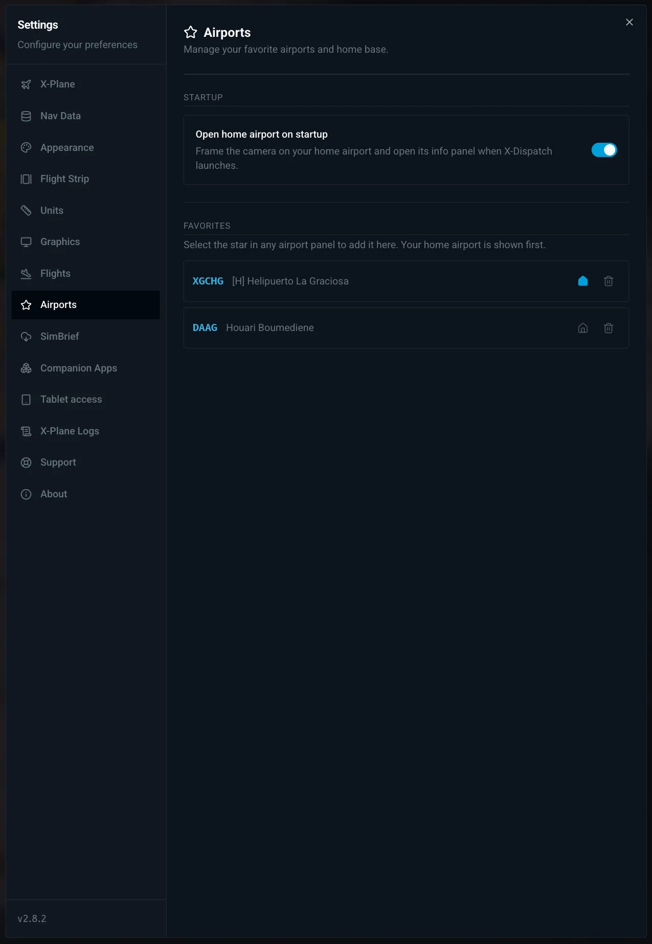 Settings > Airports in X-Dispatch with the startup toggle and the favorites list.