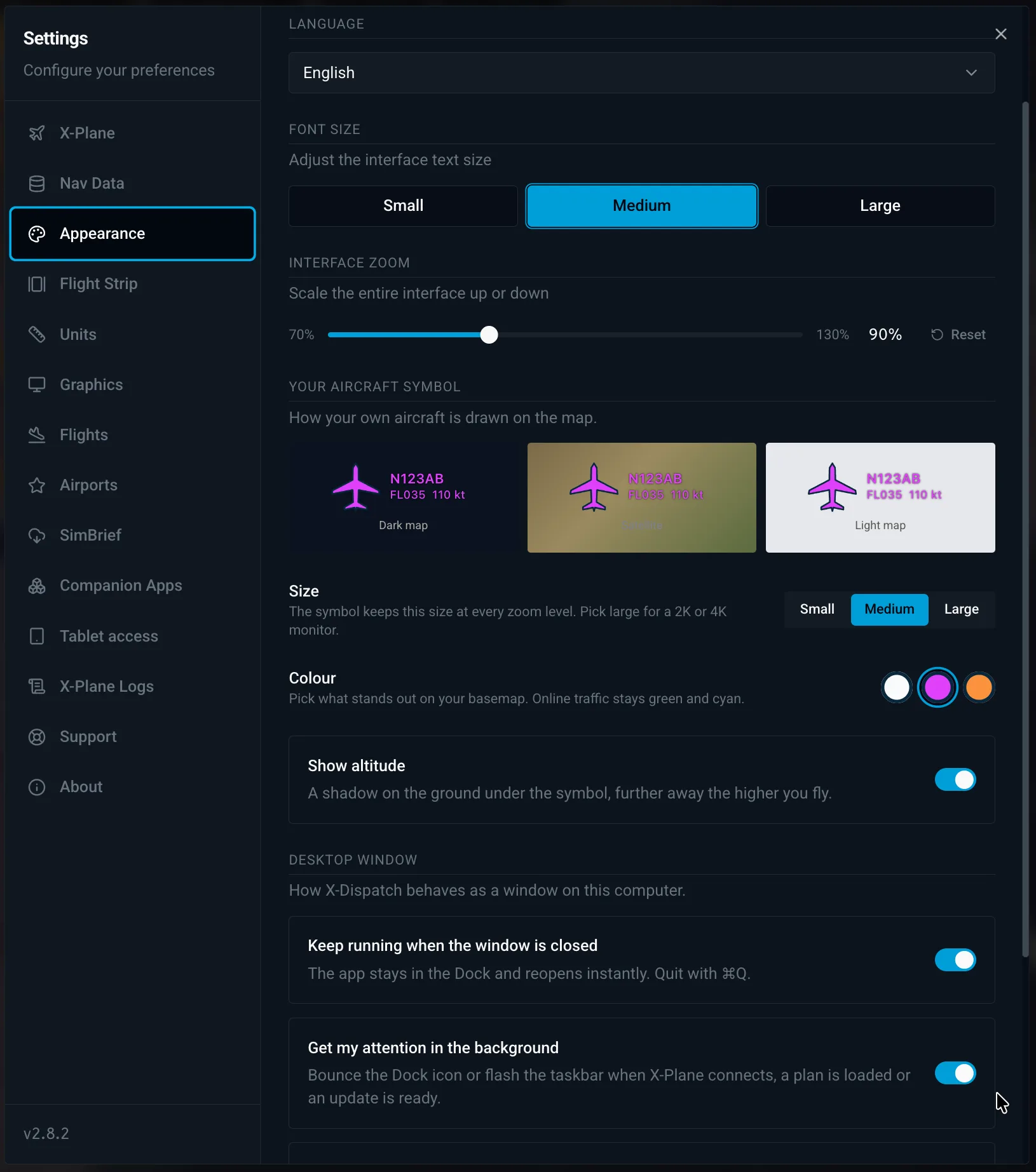Settings > Appearance in X-Dispatch with language, font size, interface zoom, aircraft symbol and desktop window options.