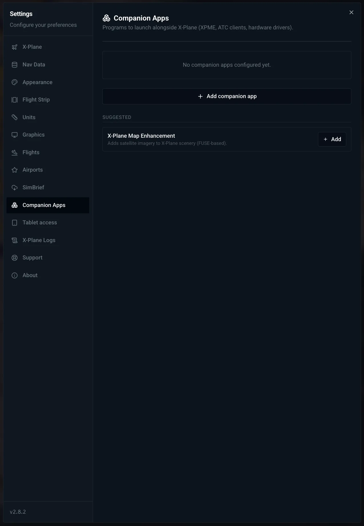 Settings > Companion Apps in X-Dispatch with the add button and X-Plane Map Enhancement suggested.