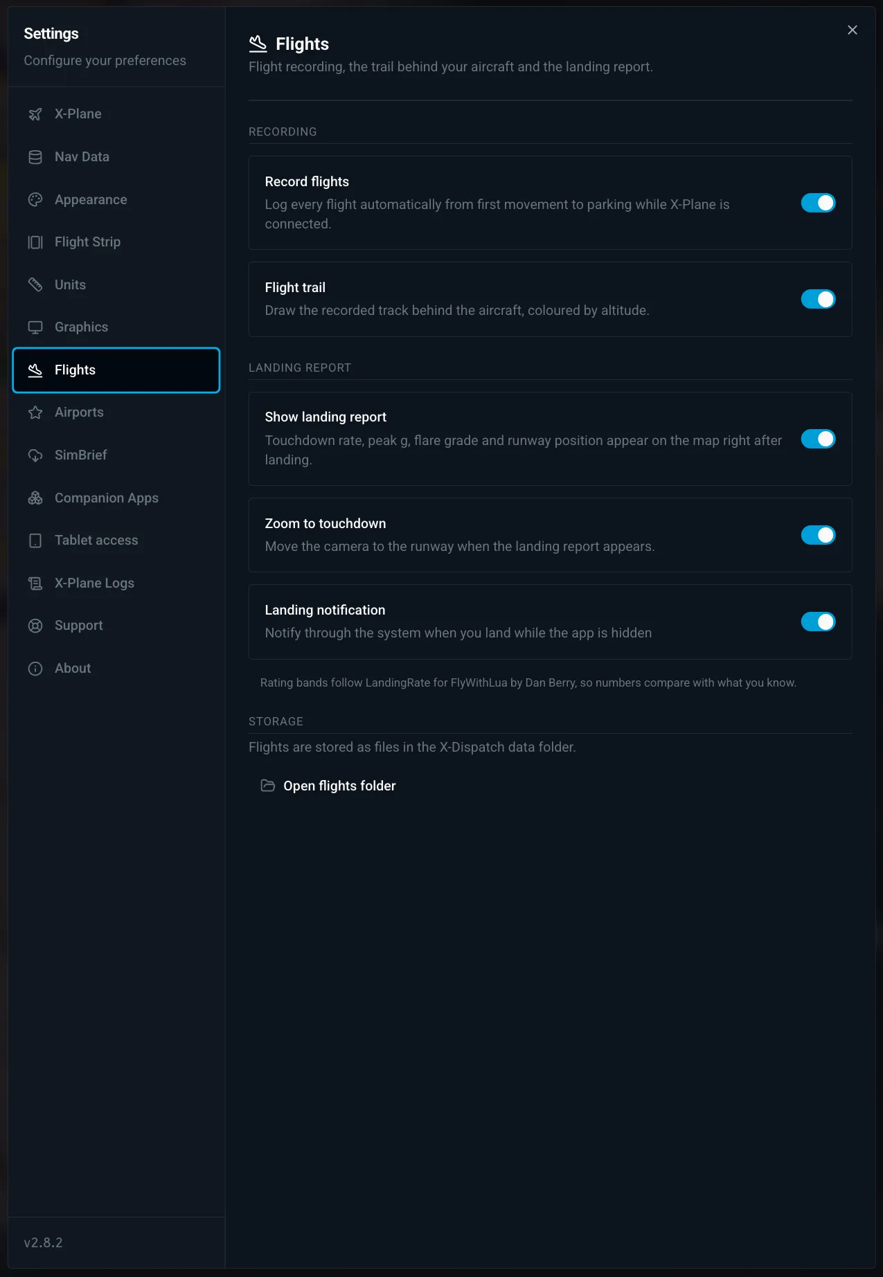 Settings > Flights in X-Dispatch with recording, flight trail and landing report options.