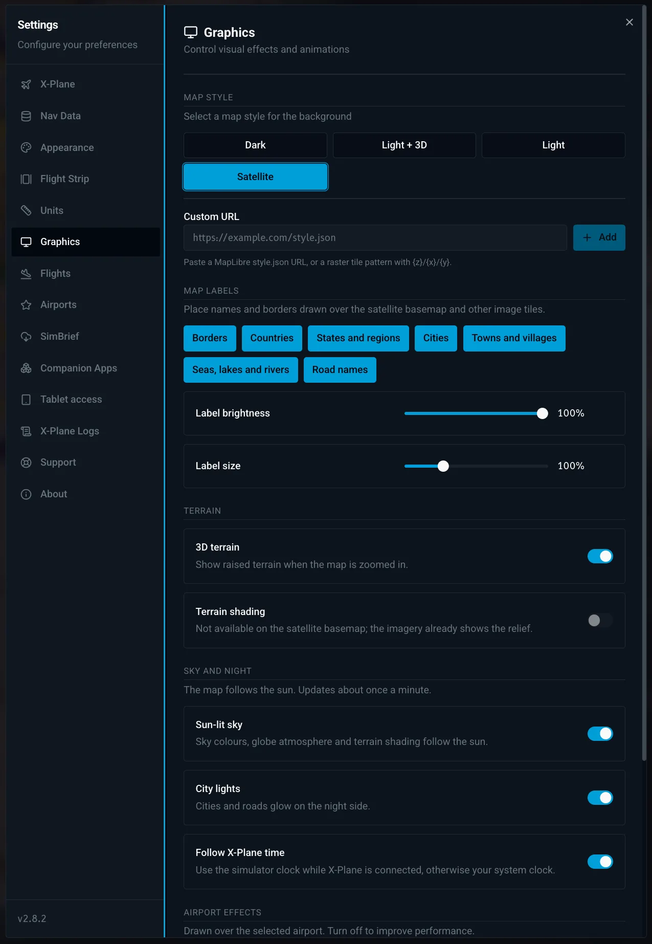 Settings > Graphics in X-Dispatch with map style, map labels, terrain, and sky and night options.