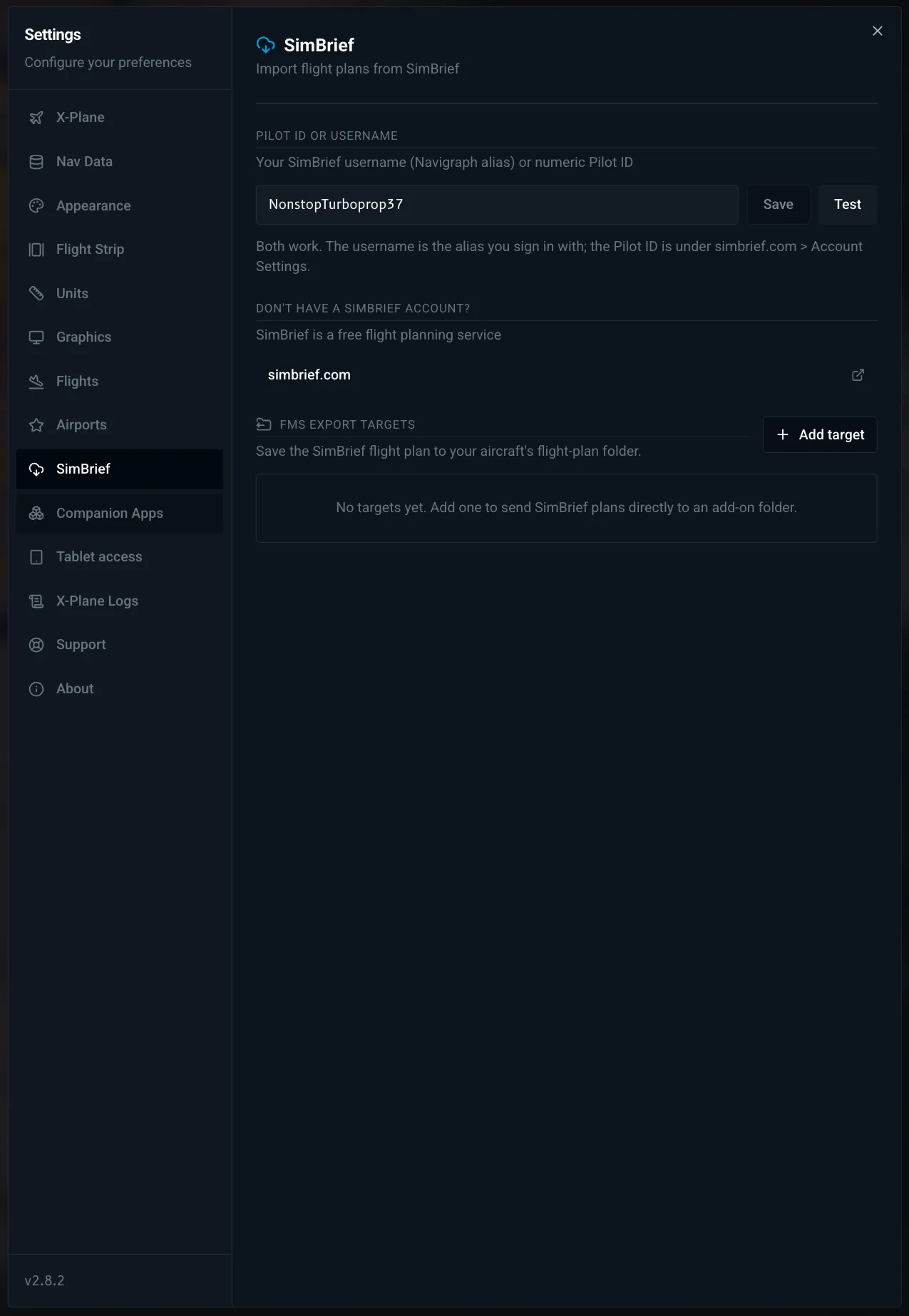 Settings > SimBrief in X-Dispatch with the username field and the FMS export targets list.