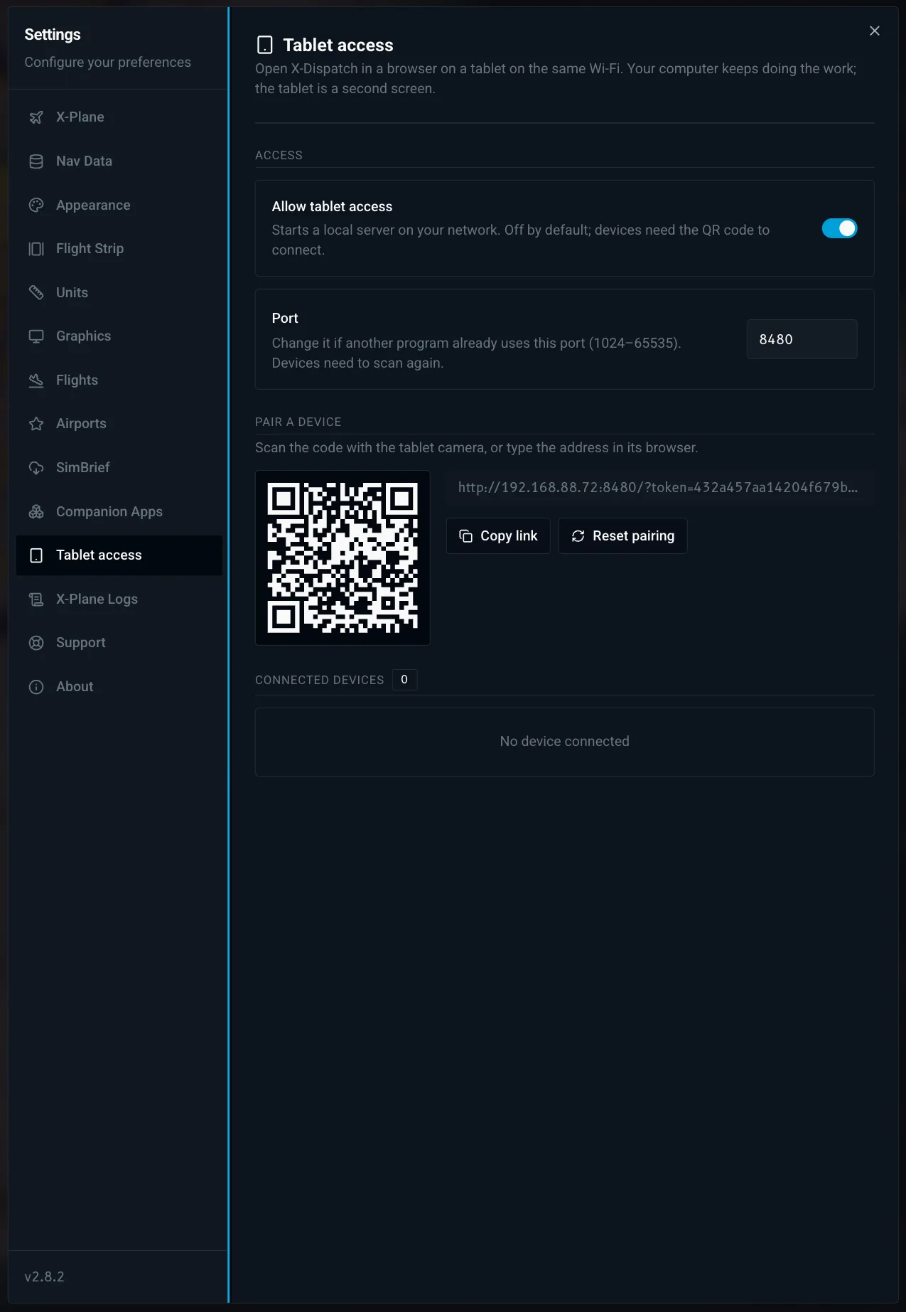 Settings > Tablet access in X-Dispatch with the access switch, port, QR code and connected devices.