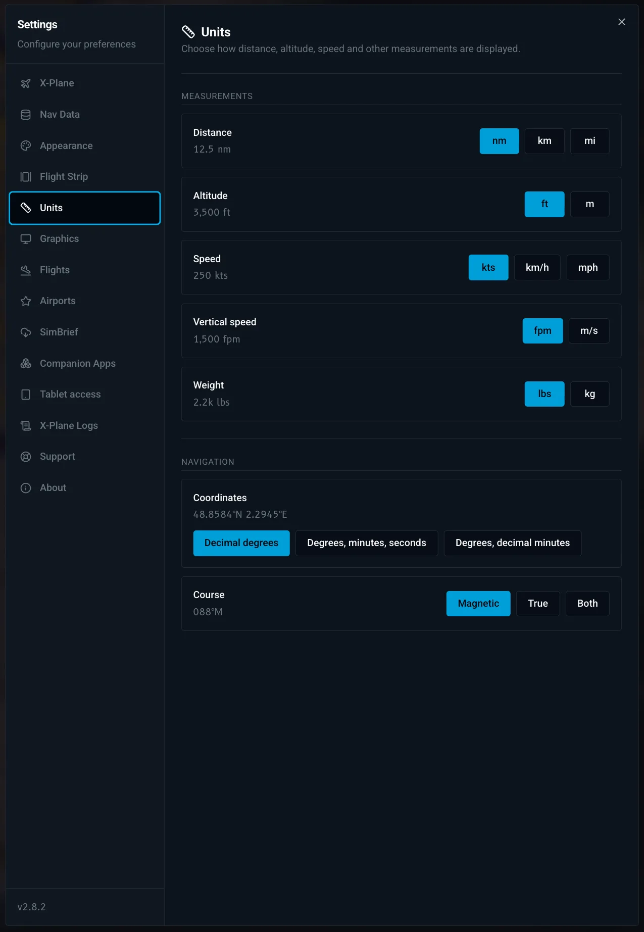 Settings > Units in X-Dispatch with distance, altitude, speed, vertical speed, weight, coordinates and course options.