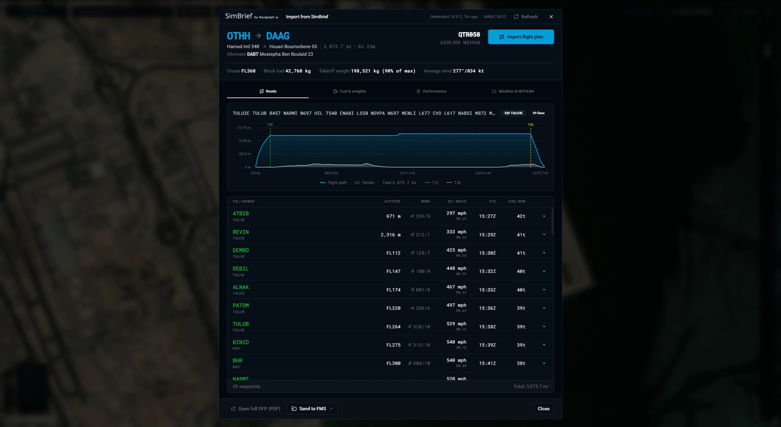 SimBrief briefing in X-Dispatch with route, performance, fuel and weights.
