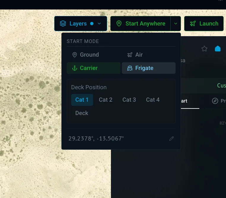 The Start Anywhere menu in X-Dispatch with Ground, Air, Carrier and Frigate modes and the carrier deck positions.