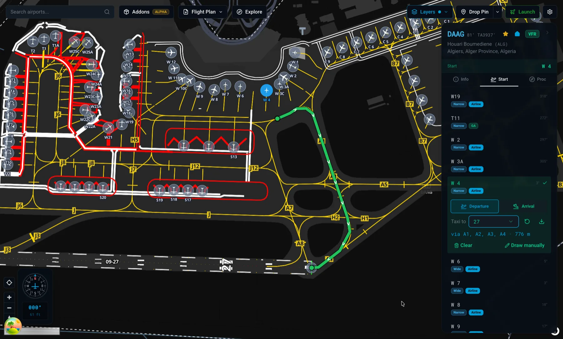 X-Dispatch start position selection on an airport diagram.
