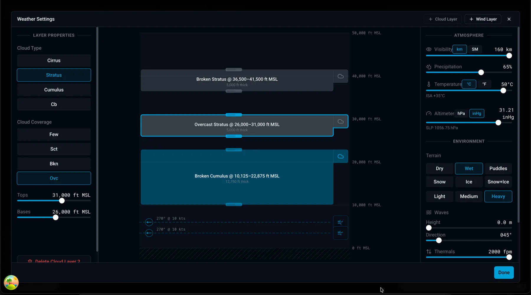 Custom weather dialog in X-Dispatch with cloud layers, wind and visibility.